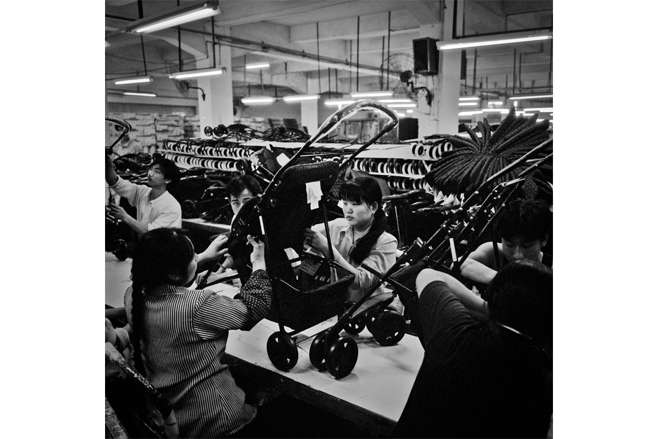 Stroller assembly on the factory floor.