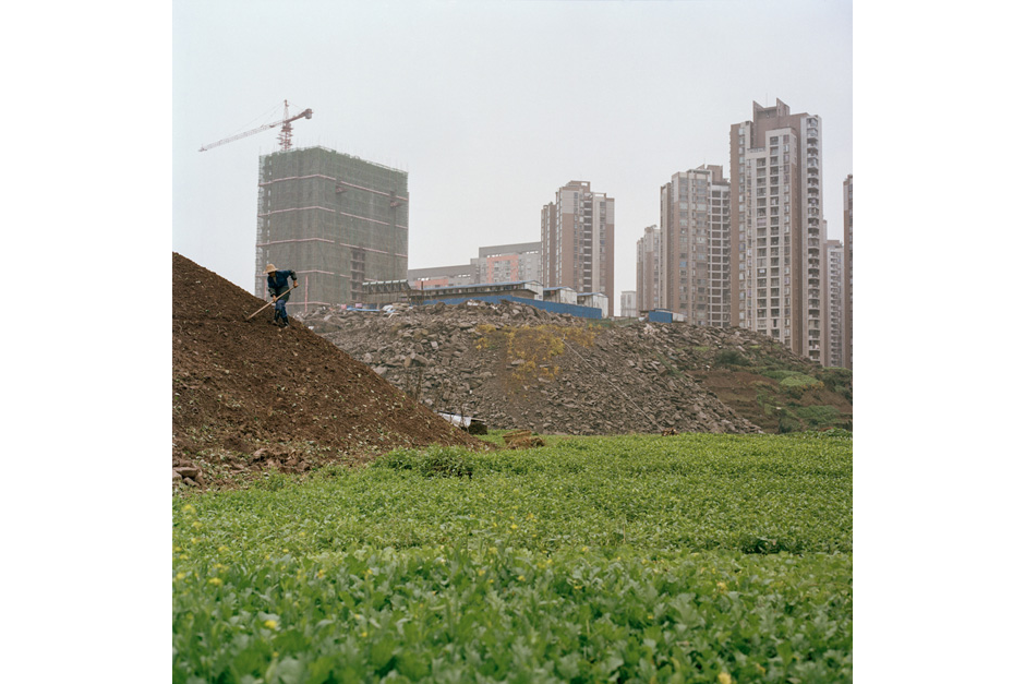 Ren hoes a man-made hillside, as temporary worker housing and permanent developments rising in the distance. He farms about 100 square meters of land and makes RMB 3,000 to 5,000 (U.S.$480-$800) per month selling his vegetables at local markets.