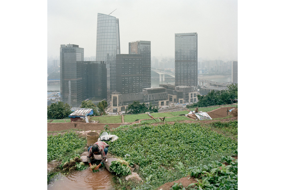A farmer cleans vegetables she has harvested on a hillside above the Tiandi business district before going to sell them at a local market.