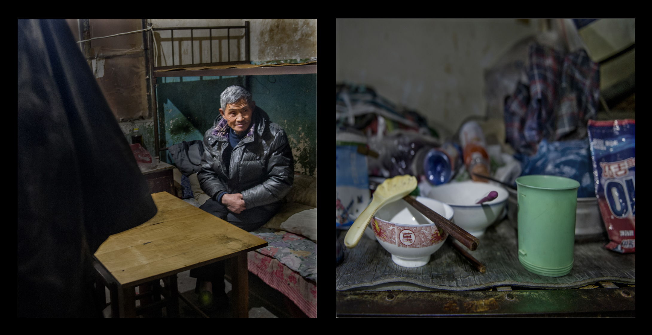 Wang Qifa, 68, was originally from Jiangsu province. His wife was long deceased, and he had raised his son alone. After graduating from the Changzhou Institute of Technology, his son had worked in Wuxi at a factory and at the Chong’an District government. For many years his son had not returned home, and by 2008 the two had completely lost contact. Wang Qifa shuttled back and forth between Gaoyou and Wuxi every year, looking for him. Each time he stayed for several weeks at the Paddy’s Edge.