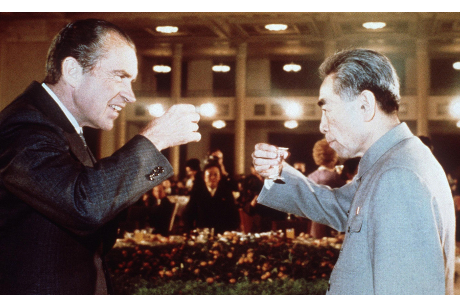U.S. President Richard Nixon toasts Chinese Premier Zhou Enlai during his trip to China in February 1972. (AFP/Getty Images photo)