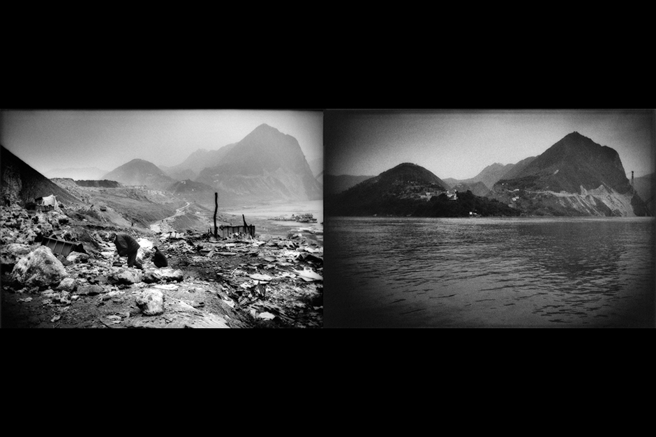 Wushan, a city along the Yangtze River, before and after the effects of the Three Gorges Dam.<br> The dam generates 80 terawatts of electricity annually; this meets about 1.7% of China’s electricity demand. It has displaced 1.24 million people and flooded 1,300 archeological sites, as well as some of the most fertile farmland in China.