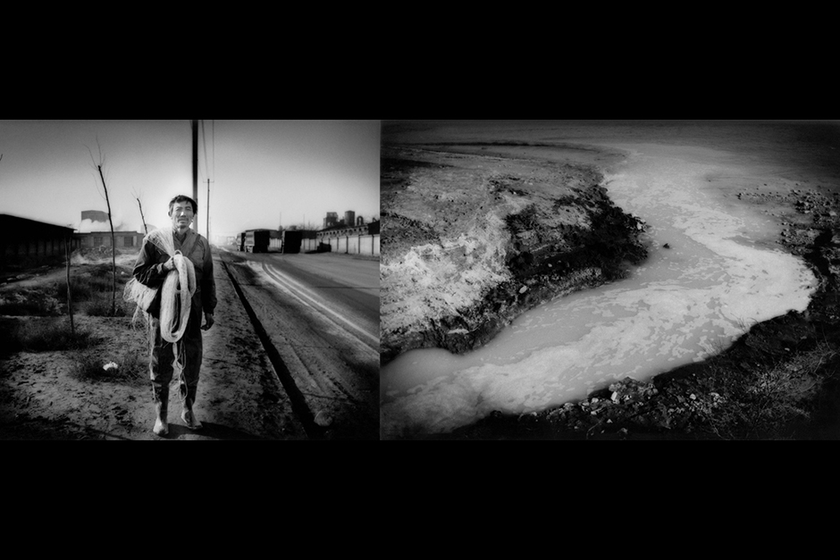 A fisherman returns home along a road lined with factories in Shizuishan, Ningxia. The toxic effluent from the heavy industry contaminates the fish he catches. The fishing waters, at right, mix with factory runoff entering the Yellow River, the primary source of drinking and irrigation water from much of Northern China.