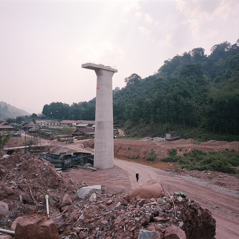 A column for the new railway line stands in New Boten, April 10, 2019.